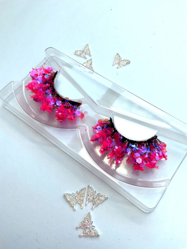 Festive Hot Pink Glitter Coated False Lashes - Image 2