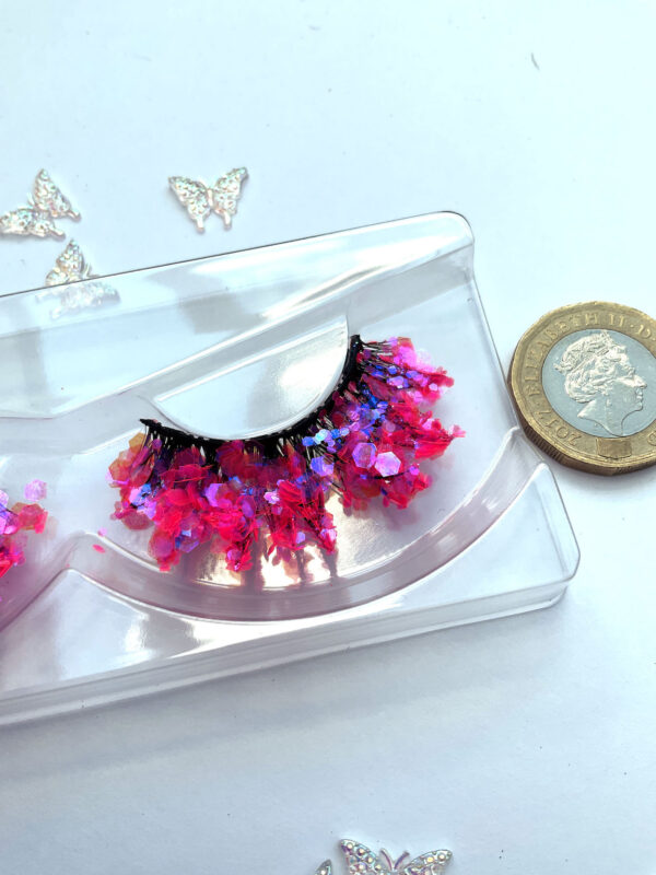 Festive Hot Pink Glitter Coated False Lashes - Image 6